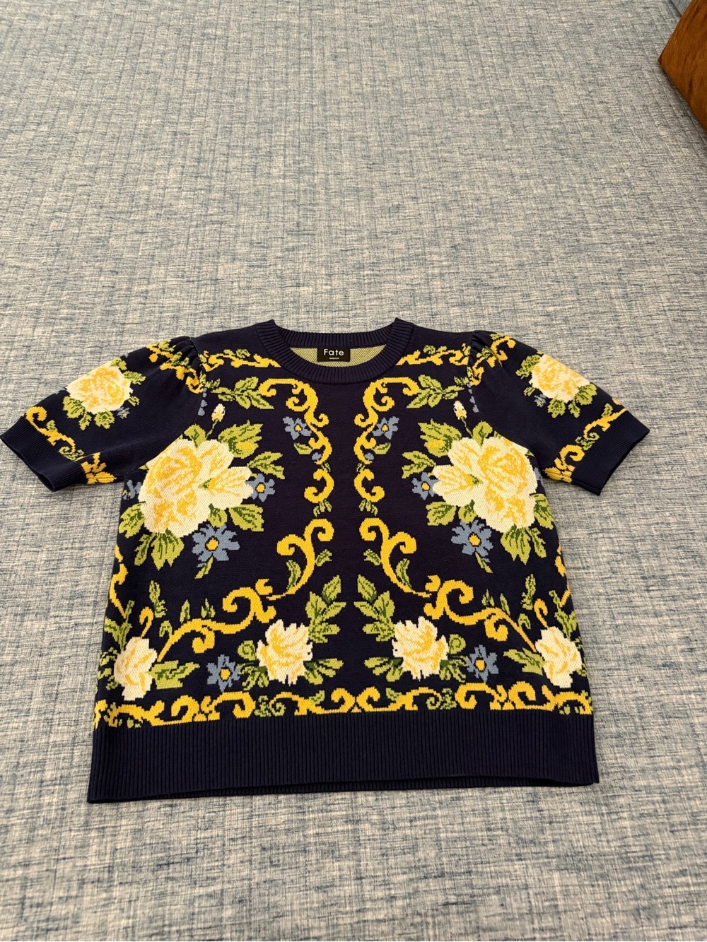 Fate Navy Knit Top with Yellow Floral Scroll